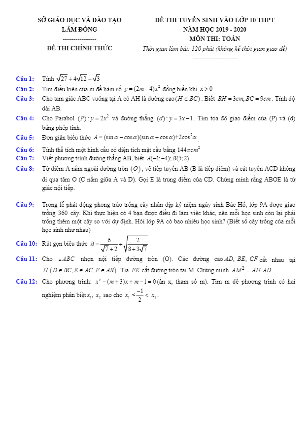 Đề tuyển sinh lớp 10 THPT năm 2019 – 2020 môn Toán sở GD&ĐT Lâm Đồng