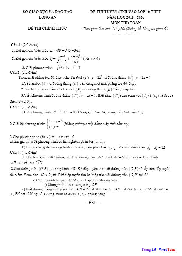 Đề tuyển sinh lớp 10 THPT năm 2019 – 2020 môn Toán sở GD&ĐT Long An