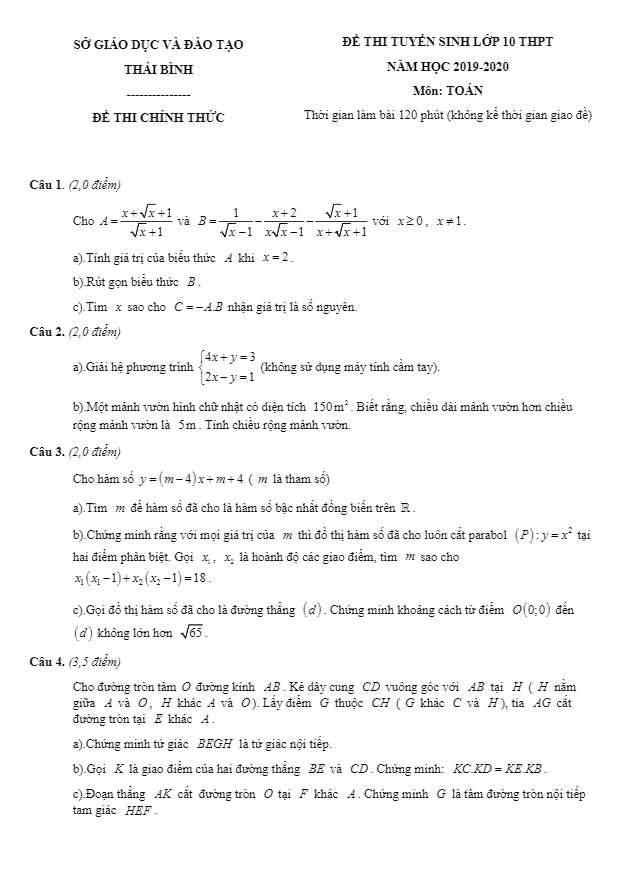 Đề tuyển sinh lớp 10 THPT năm 2019 – 2020 môn Toán sở GD&ĐT Thái Bình