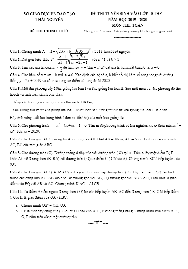 Đề tuyển sinh lớp 10 THPT năm 2019 – 2020 môn Toán sở GD&ĐT Thái Nguyên