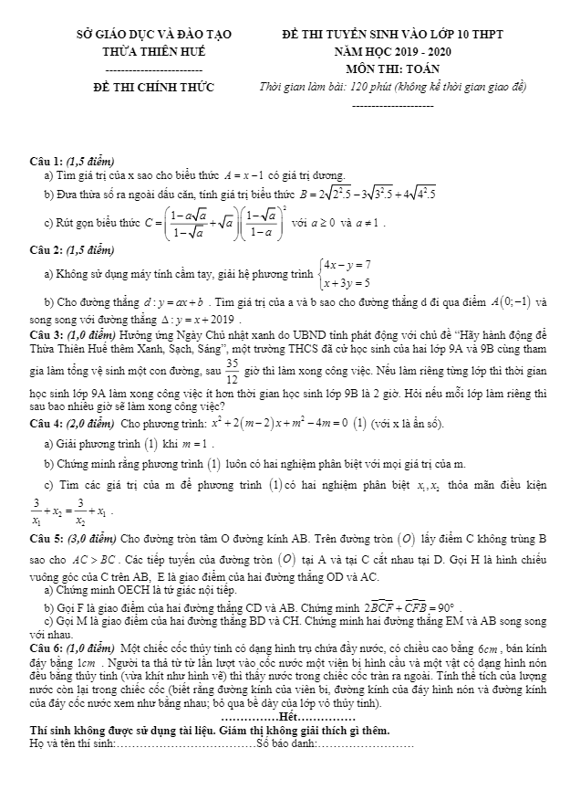 Đề tuyển sinh lớp 10 THPT năm 2019 – 2020 môn Toán sở GD&ĐT Thừa Thiên Huế