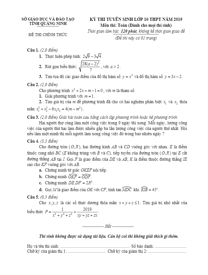 Đề tuyển sinh lớp 10 THPT năm 2019 môn Toán sở GD&ĐT Quảng Ninh