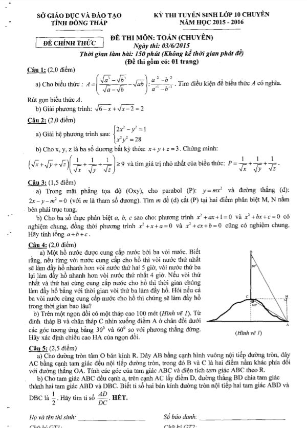 Đề tuyển sinh vào 10 chuyên môn Toán chuyên năm 2015 – 2016 sở GD&ĐT Đồng Tháp