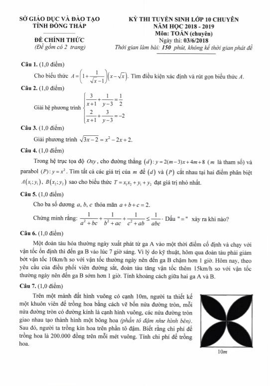 Đề tuyển sinh vào 10 chuyên môn Toán chuyên năm 2018 – 2019 sở GD&ĐT Đồng Tháp