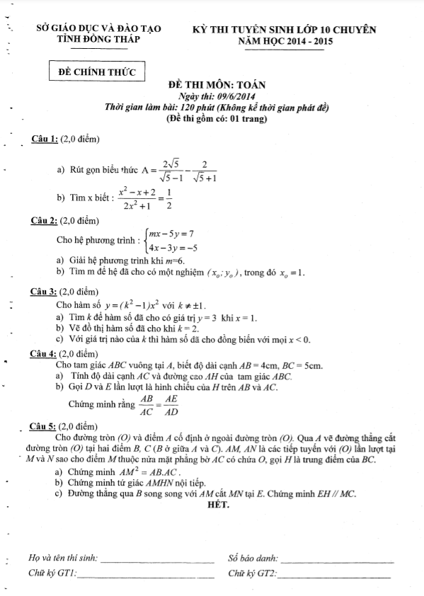 Đề tuyển sinh vào 10 chuyên môn Toán cơ sở năm 2014 – 2015 sở GD&ĐT Đồng Tháp