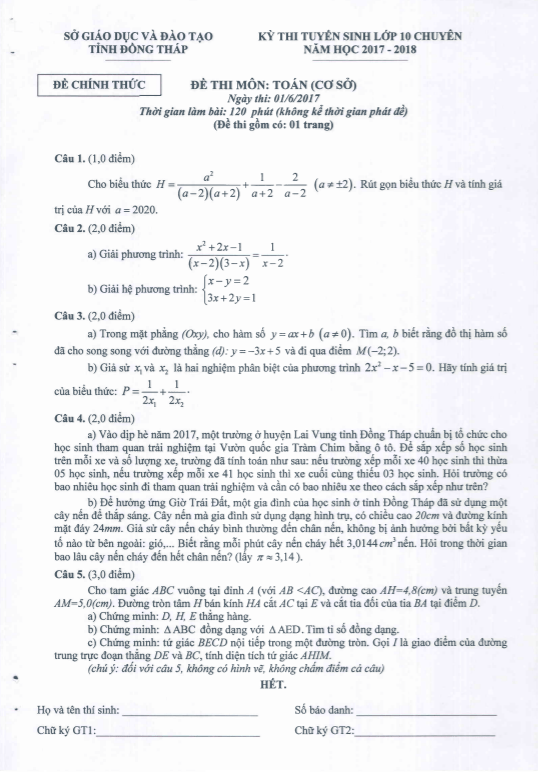 Đề tuyển sinh vào 10 chuyên môn Toán cơ sở năm 2017 – 2018 sở GD&ĐT Đồng Tháp