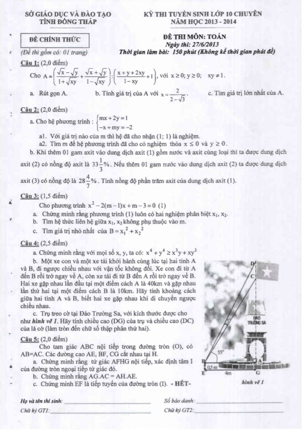 Đề tuyển sinh vào 10 chuyên môn Toán năm 2013 – 2014 sở GD&ĐT Đồng Tháp