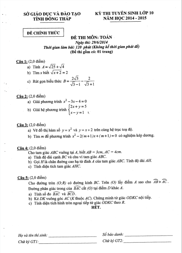 Đề tuyển sinh vào 10 môn Toán năm 2014 – 2015 sở GD&ĐT Đồng Tháp