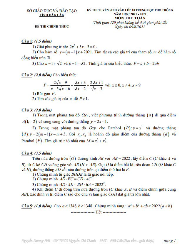Đề tuyển sinh vào lớp 10 môn Toán năm 2021 – 2022 sở GD&ĐT Đắk Lắk