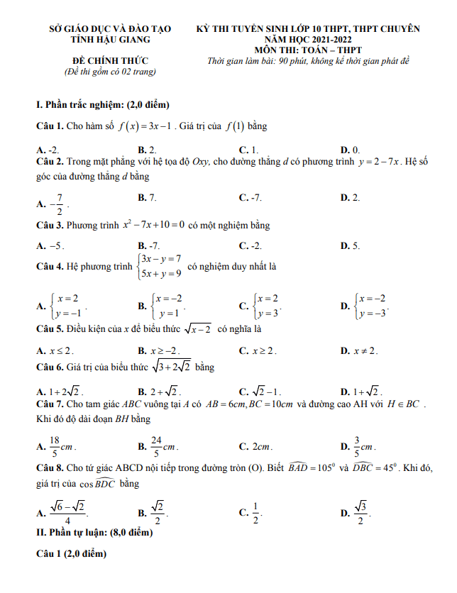 Đề tuyển sinh vào lớp 10 môn Toán năm 2021 – 2022 sở GD&ĐT Hậu Giang