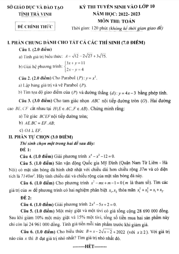 Đề tuyển sinh vào lớp 10 môn Toán năm 2022 – 2023 sở GD&ĐT Trà Vinh