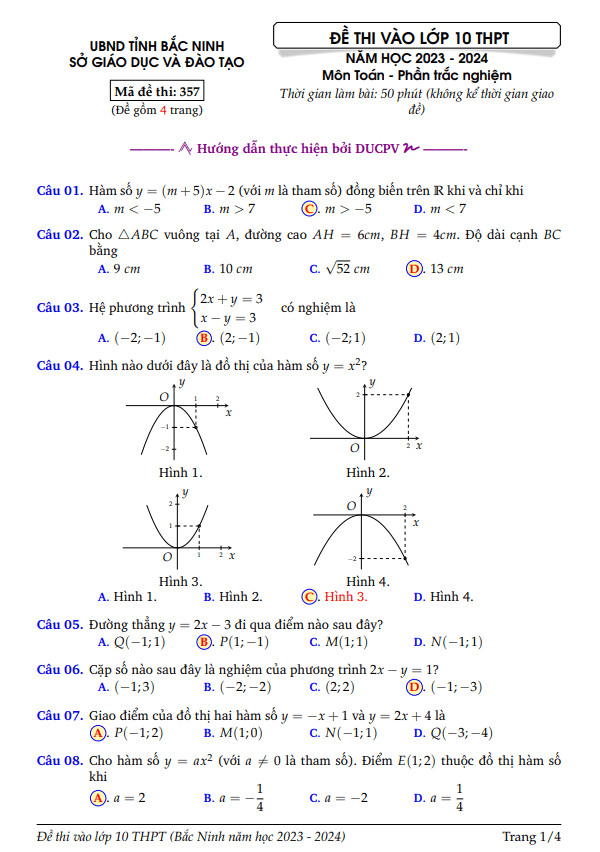 Đề tuyển sinh vào lớp 10 môn Toán năm 2023 – 2024 sở GD&ĐT Bắc Ninh