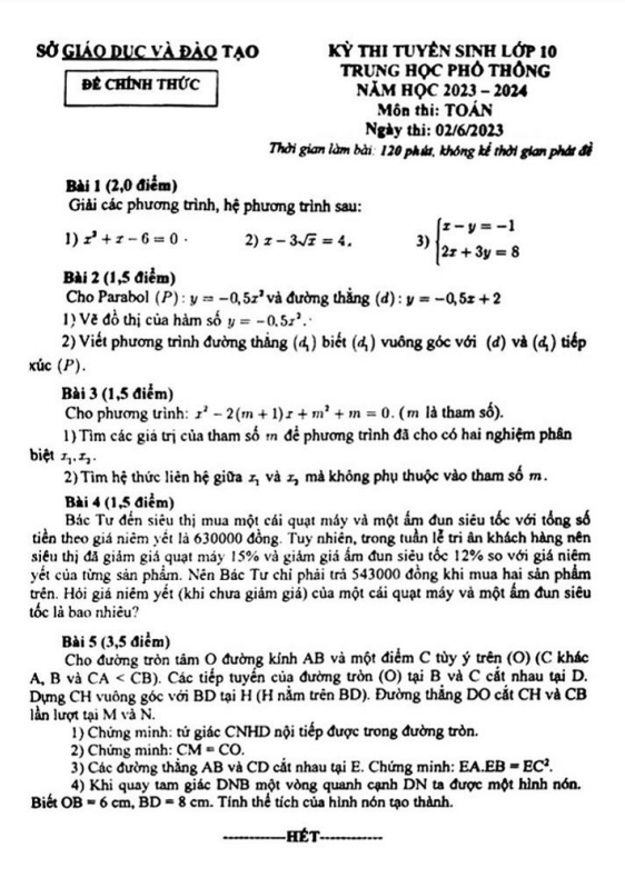 Đề tuyển sinh vào lớp 10 môn Toán năm 2023 – 2024 sở GD&ĐT Bình Dương