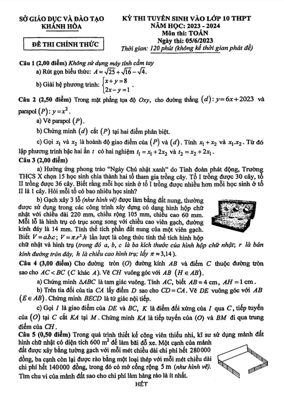 Đề tuyển sinh vào lớp 10 môn Toán năm 2023 – 2024 sở GD&ĐT Khánh Hòa
