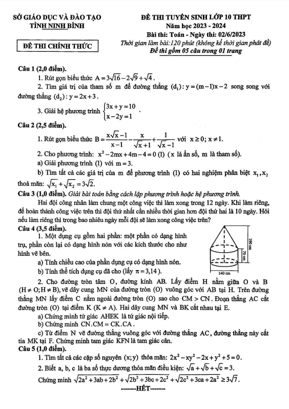 Đề tuyển sinh vào lớp 10 môn Toán năm 2023 – 2024 sở GD&ĐT Ninh Bình