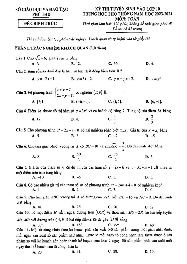 Đề tuyển sinh vào lớp 10 môn Toán năm 2023 – 2024 sở GD&ĐT Phú Thọ