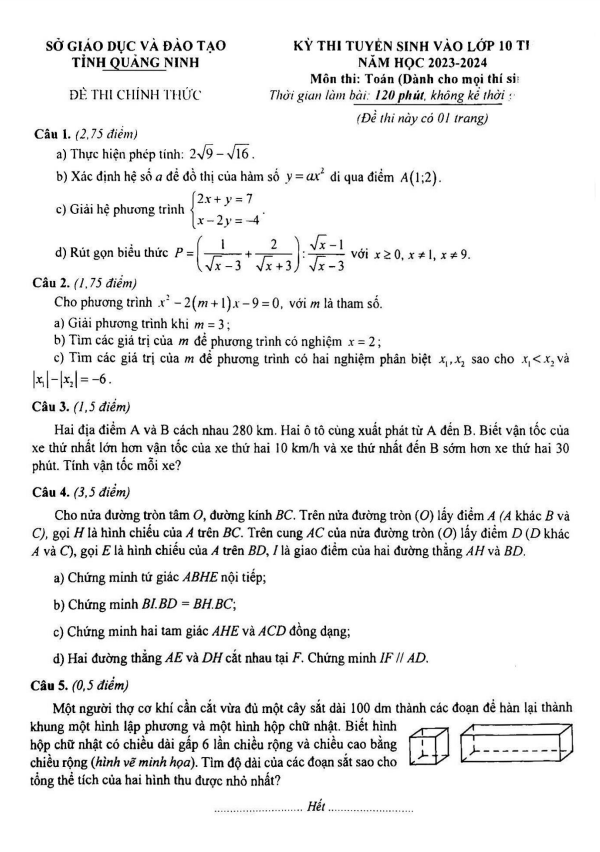 Đề tuyển sinh vào lớp 10 môn Toán năm 2023 – 2024 sở GD&ĐT Quảng Ninh