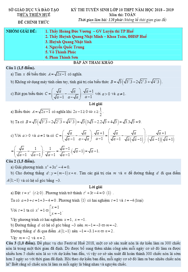 Đề tuyển sinh vào lớp 10 THPT môn Toán năm 2018 – 2019 sở GD và ĐT Thừa Thiên Huế