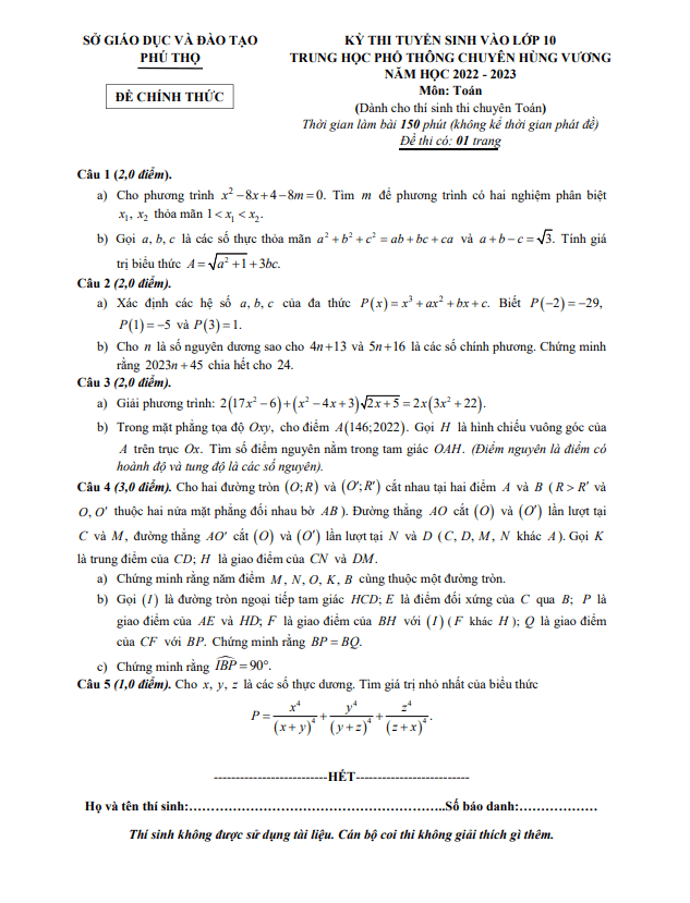 Đề vào 10 môn Toán (chuyên Toán) 2022 – 2023 trường chuyên Hùng Vương – Phú Thọ