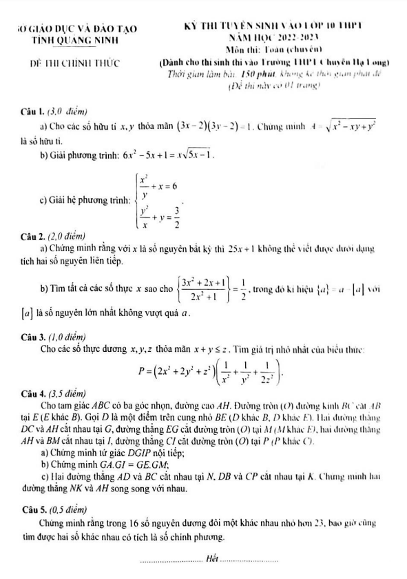 Đề vào lớp 10 môn Toán (chuyên) năm 2022 – 2023 trường chuyên Hạ Long – Quảng Ninh
