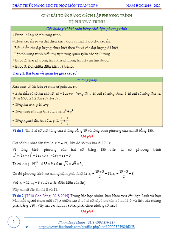 Giải bài toán bằng cách lập phương trình, hệ phương trình – Phạm Huy Huân