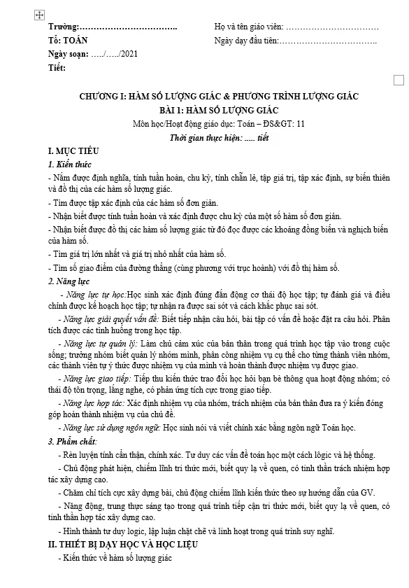 Giáo án dạy học Toán 11 theo công văn số 5512/BGDĐT-GDTrH