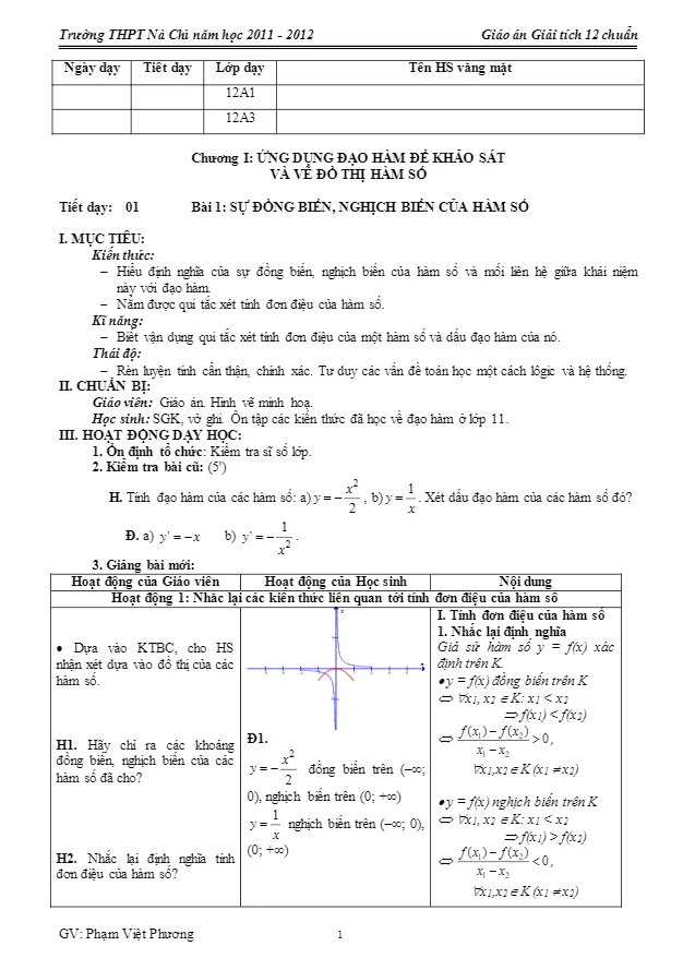 Giáo án Giải tích 12 cơ bản – Phạm Việt Hương