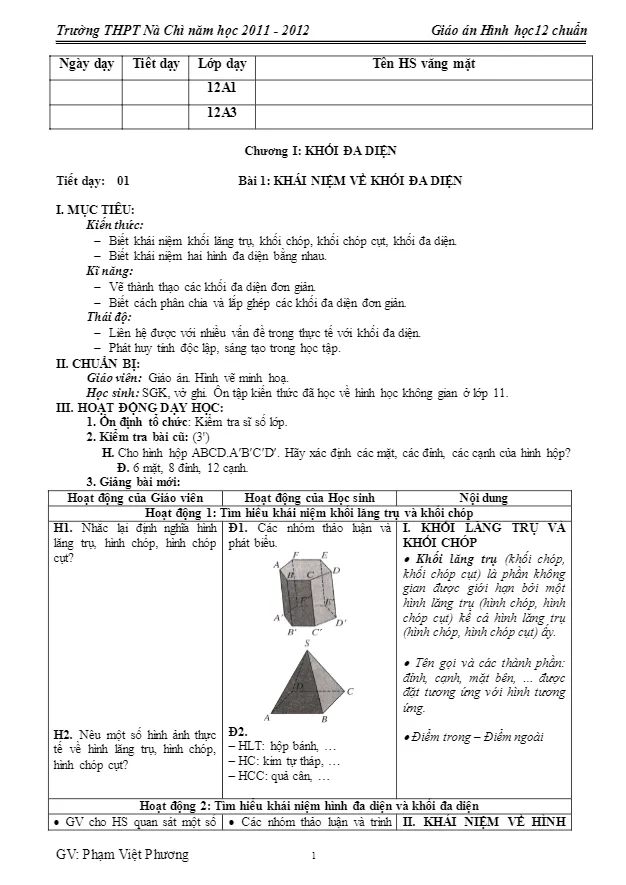 Giáo án Hình học 12 cơ bản cô Phạm Việt Hương