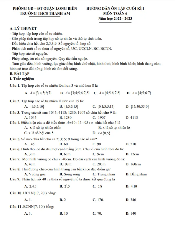 Hướng dẫn ôn tập cuối kì 1 Toán 6 năm 2022 – 2023 THCS Thanh Am – Hà Nội