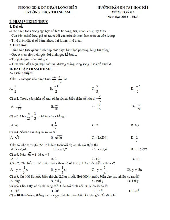 Hướng dẫn ôn tập cuối kì 1 Toán 7 năm 2022 – 2023 THCS Thanh Am – Hà Nội