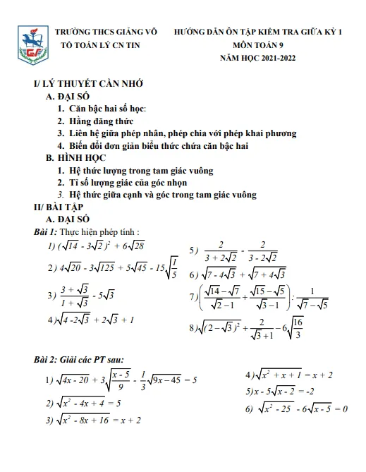 Hướng dẫn ôn tập giữa kỳ 1 Toán 9 năm 2021 – 2022 trường THCS Giảng Võ – Hà Nội