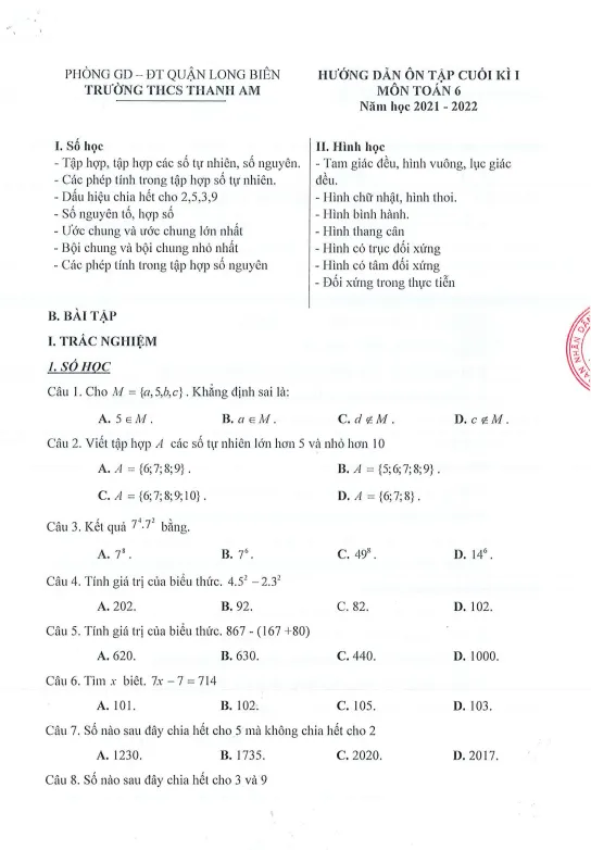 Hướng dẫn ôn tập học kì 1 Toán 6 năm 2021 – 2022 trường THCS Thanh Am – Hà Nội