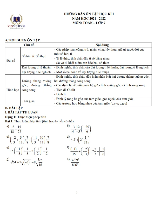 Hướng dẫn ôn tập học kì 1 Toán 7 năm 2021 – 2022 trường Vinschool – Hà Nội
