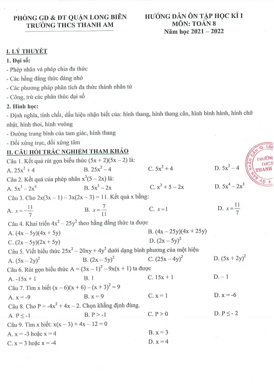 Hướng dẫn ôn tập học kì 1 Toán 8 năm 2021 – 2022 trường THCS Thanh Am – Hà Nội