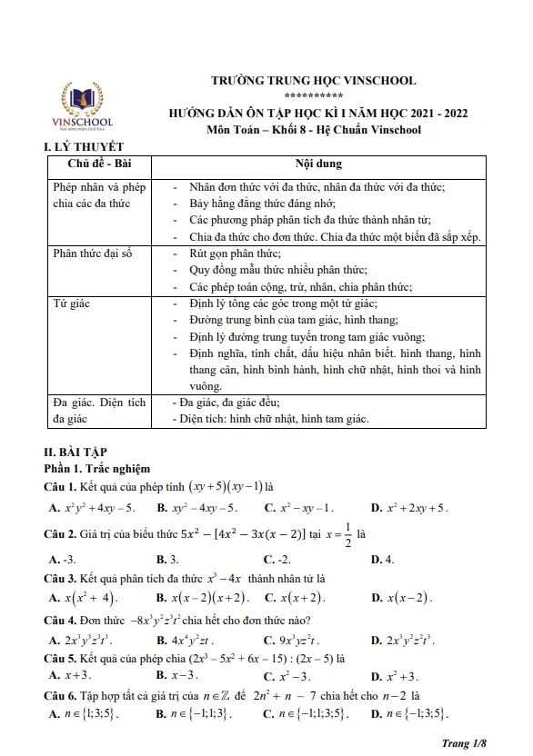 Hướng dẫn ôn tập học kì 1 Toán 8 năm 2021 – 2022 trường Vinschool – Hà Nội