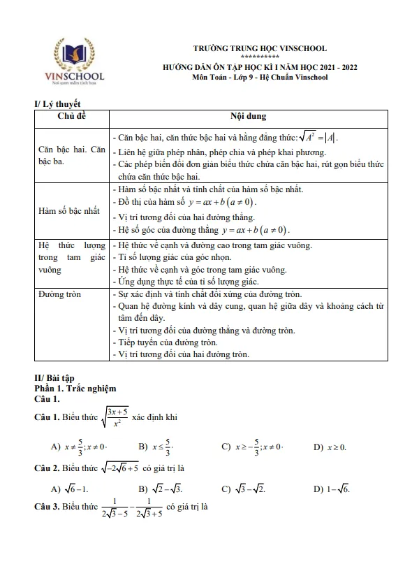 Hướng dẫn ôn tập học kì 1 Toán 9 năm 2021 – 2022 trường Vinschool – Hà Nội
