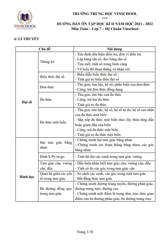 Hướng dẫn ôn tập học kì 2 Toán 7 năm 2021 – 2022 trường Vinschool – Hà Nội