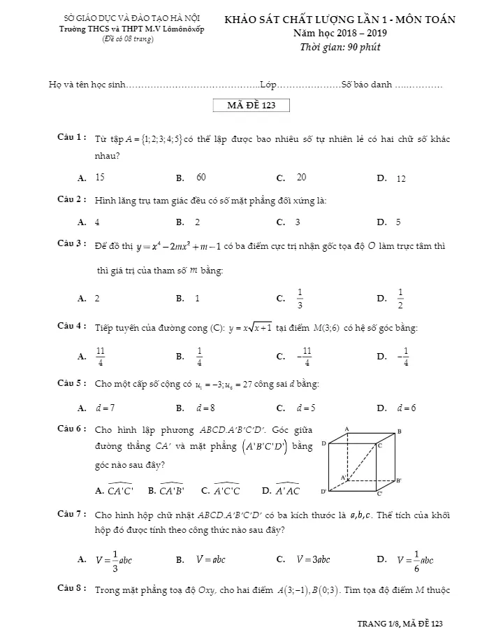 Khảo sát chất lượng Toán 12 năm học 2018 – 2019 trường M.V Lômônôxốp – Hà Nội lần 1