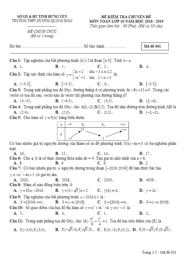 Kiểm tra chuyên đề Toán 10 năm 2018 – 2019 trường Dương Quảng Hàm – Hưng Yên