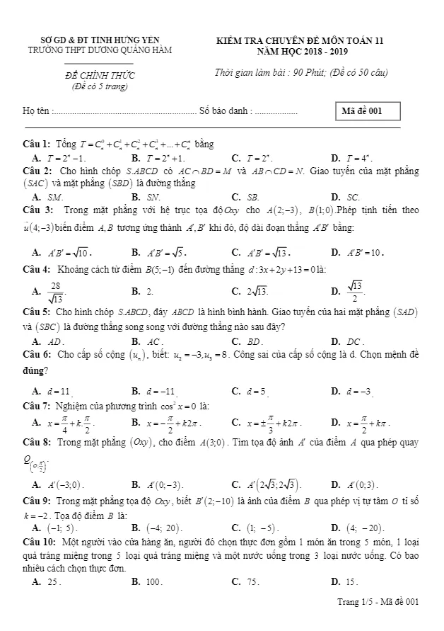 Kiểm tra chuyên đề Toán 11 năm 2018 – 2019 trường Dương Quảng Hàm – Hưng Yên