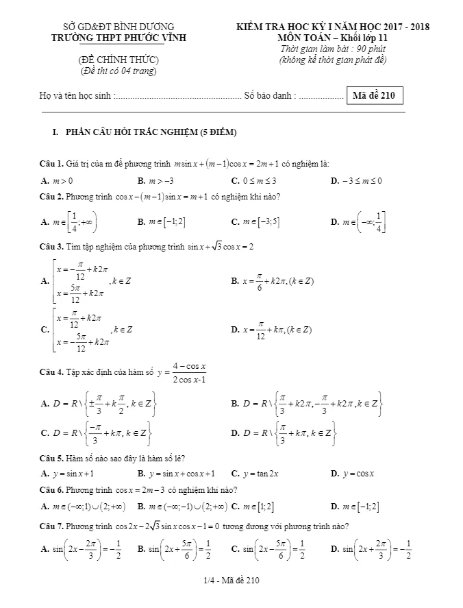 Kiểm tra học kỳ 1 Toán 11 năm học 2017 – 2018 trường THPT Phước Vĩnh – Bình Dương