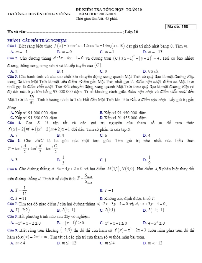Kiểm tra tổng hợp Toán 10 năm 2017 – 2018 trường chuyên Hùng Vương – Bình Dương