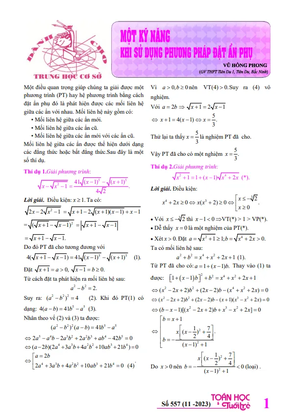 Một kỹ năng khi sử dụng phương pháp đặt ẩn phụ giải phương trình – hệ phương trình