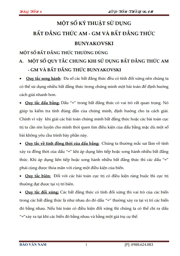 Một số kỹ thuật sử dụng bất đẳng thức AM – GM và bất đẳng thức Bunyakovski