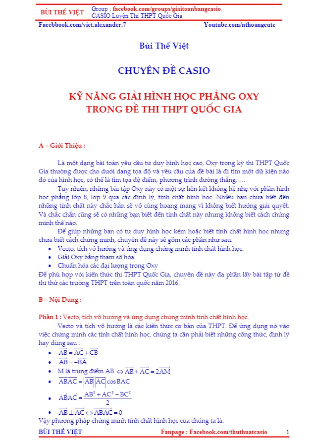 Một số phương pháp giải bài toán hình học tọa độ phẳng Oxy – Bùi Thế Việt