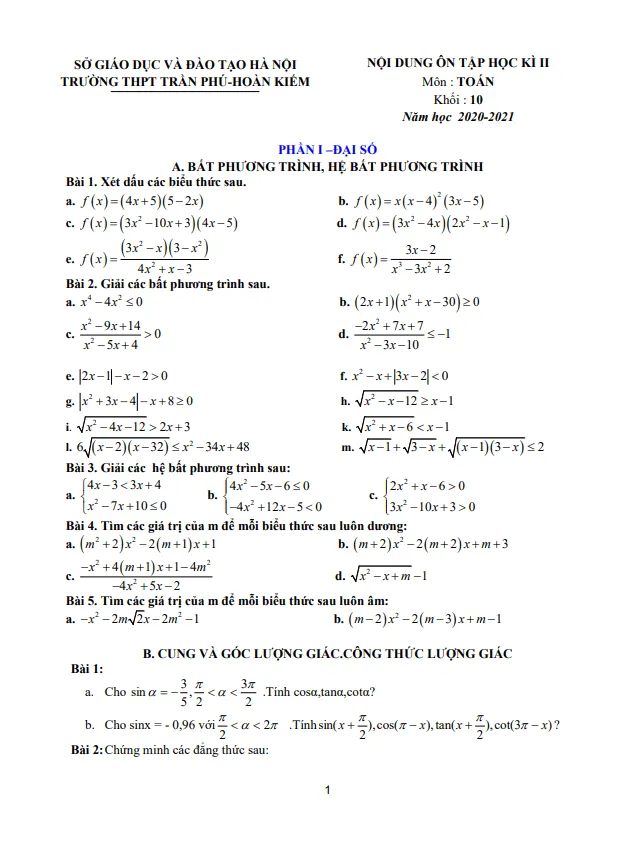 Nội dung ôn tập HK2 Toán 10 năm 2020 – 2021 trường THPT Trần Phú – Hà Nội