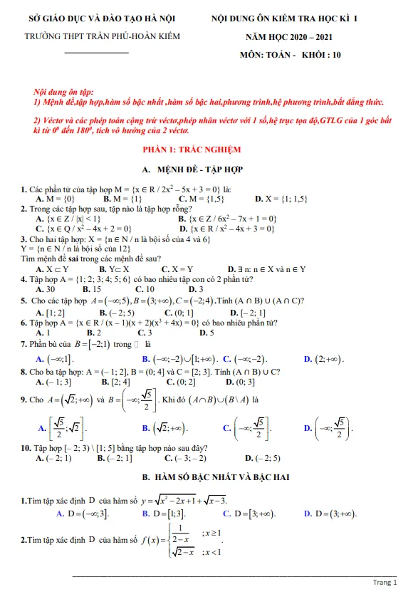 Nội dung ôn tập học kì 1 Toán 10 năm 2020 – 2021 trường THPT Trần Phú – Hà Nội