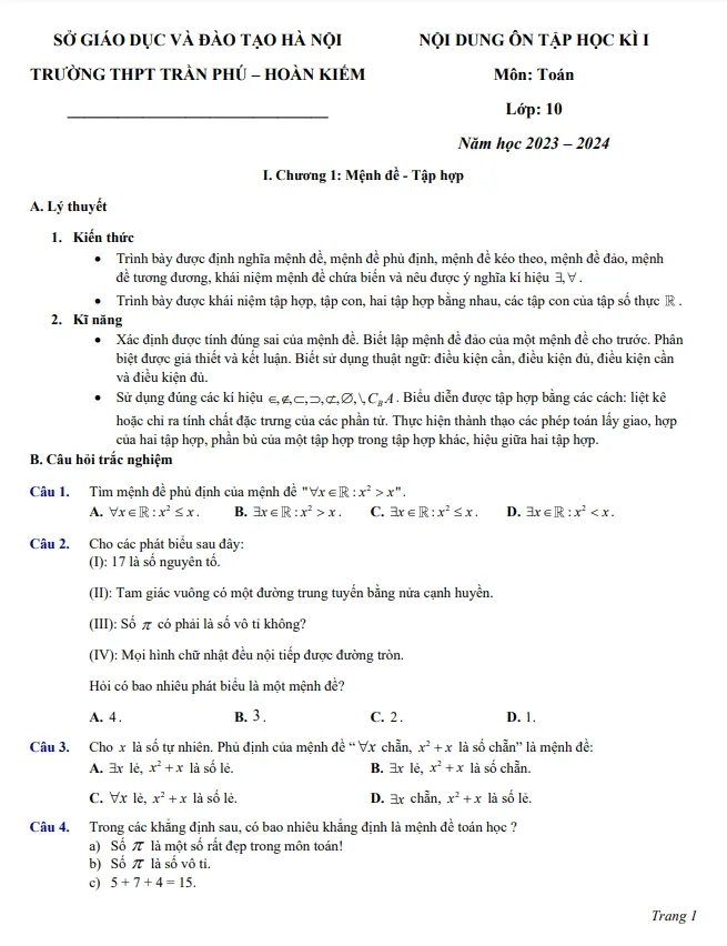 Nội dung ôn tập học kì 1 Toán 10 năm 2023 – 2024 trường THPT Trần Phú – Hà Nội