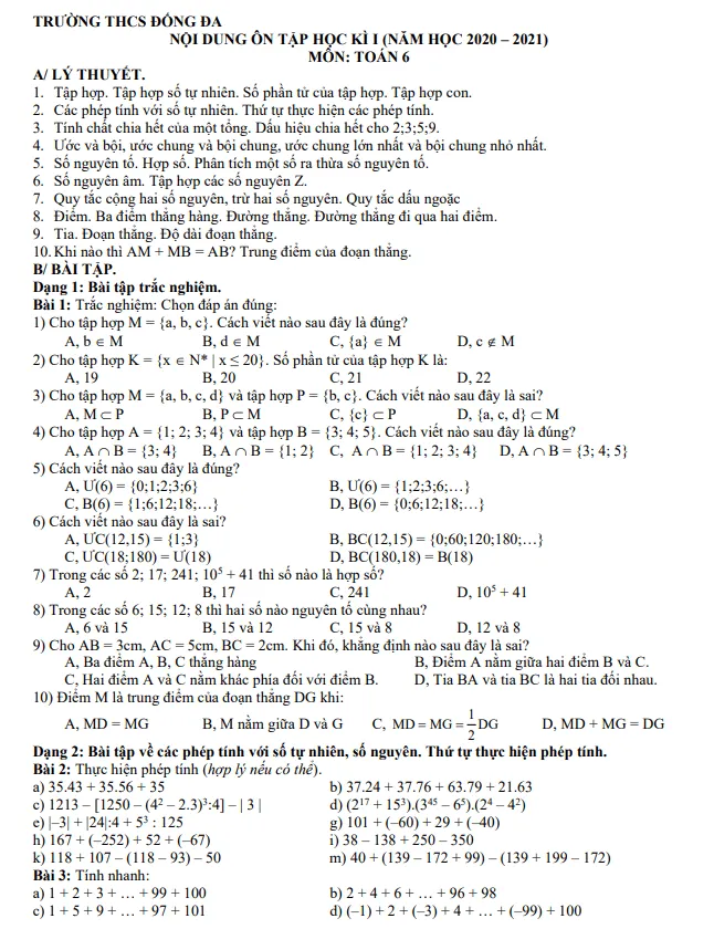 Nội dung ôn tập học kì 1 Toán 6 năm 2020 – 2021 trường THCS Đống Đa – Hà Nội
