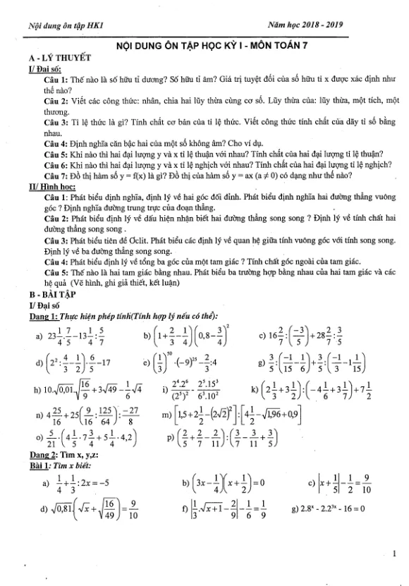 Nội dung ôn tập học kỳ 1 Toán 7 năm 2018 – 2019 trường THCS Láng Thượng – Hà Nội